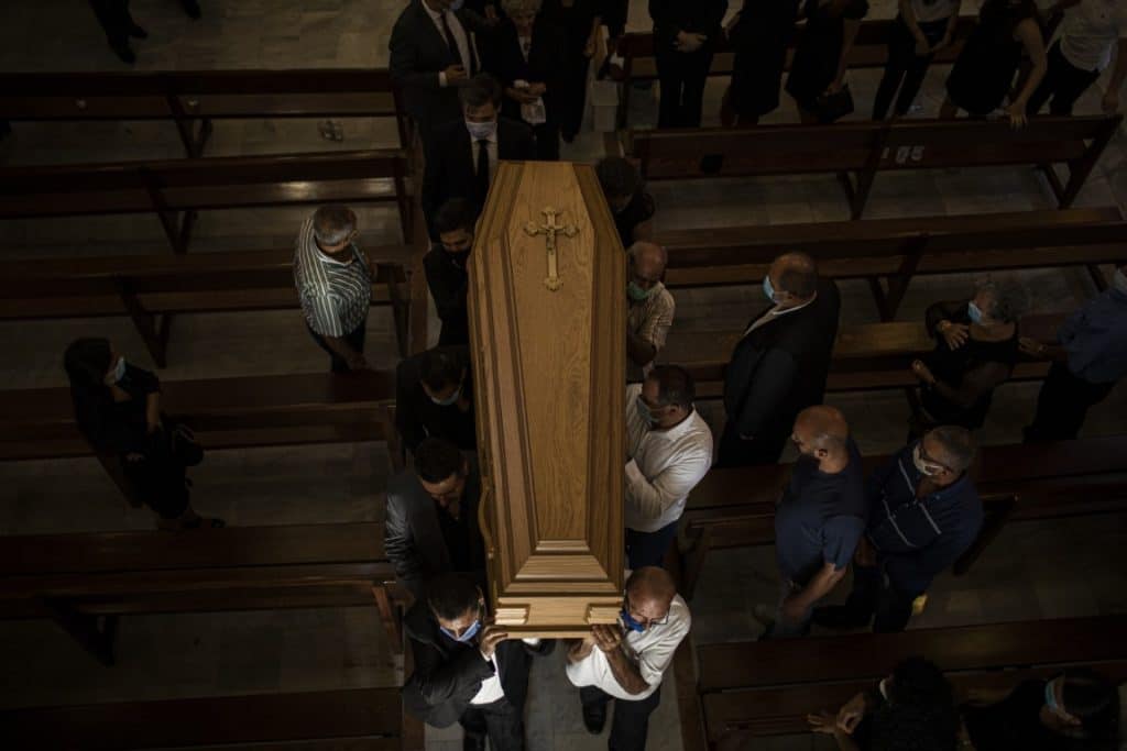 dreams about death and dying. Funeral procession carrying casket in a church.